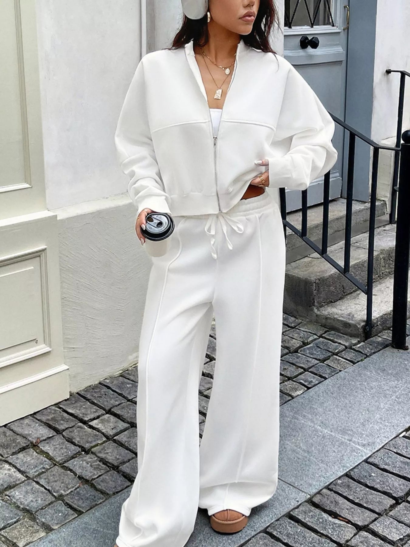 Zip Up Jacket & Wide Leg Pants Set OutfitFlow