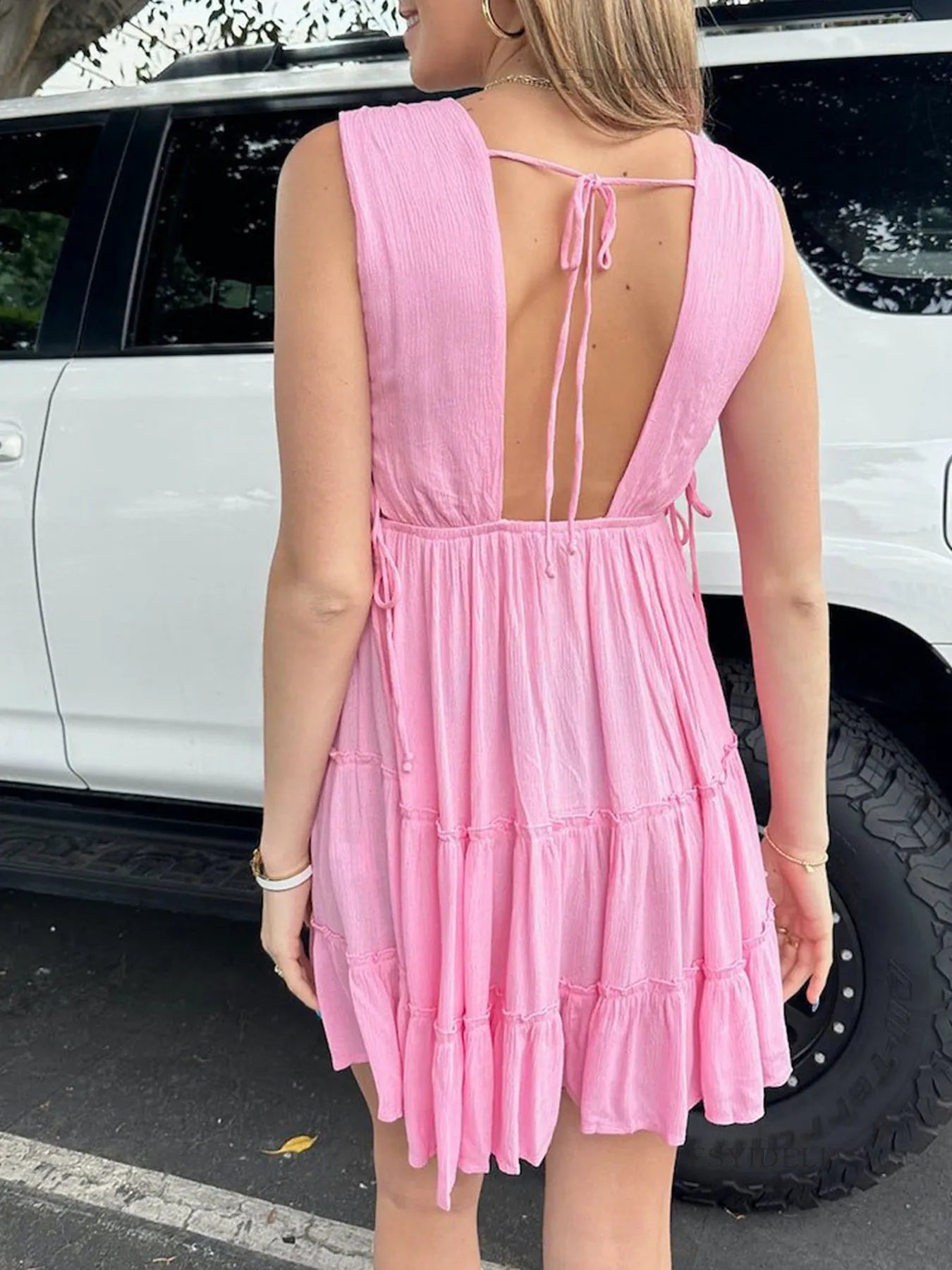 Deep V-Neck Tiered Mini Dress OutfitFlow