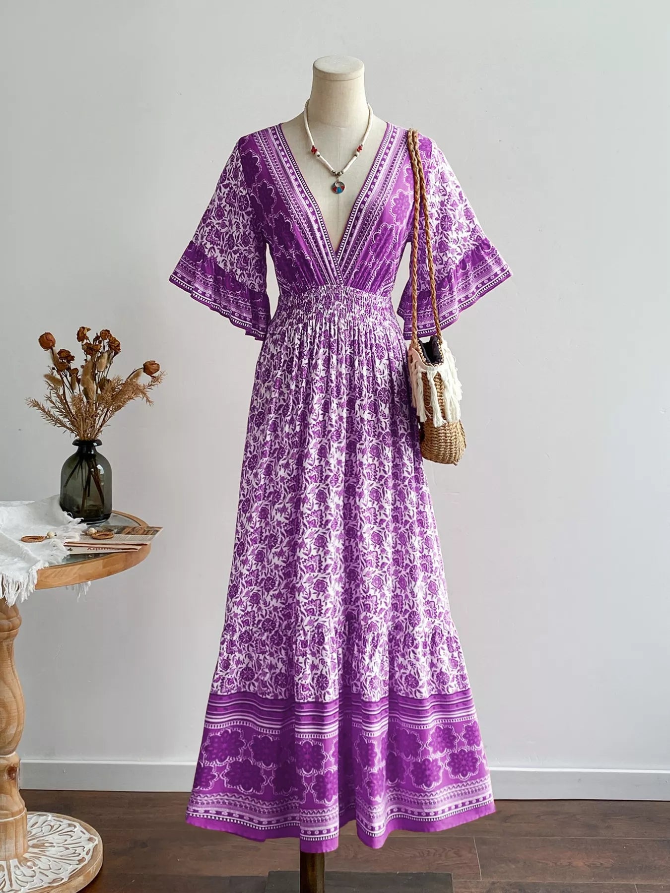 Floral Print Deep V-Neck Dress OutfitFlow