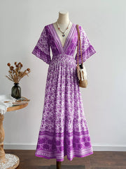 Floral Print Deep V-Neck Dress OutfitFlow