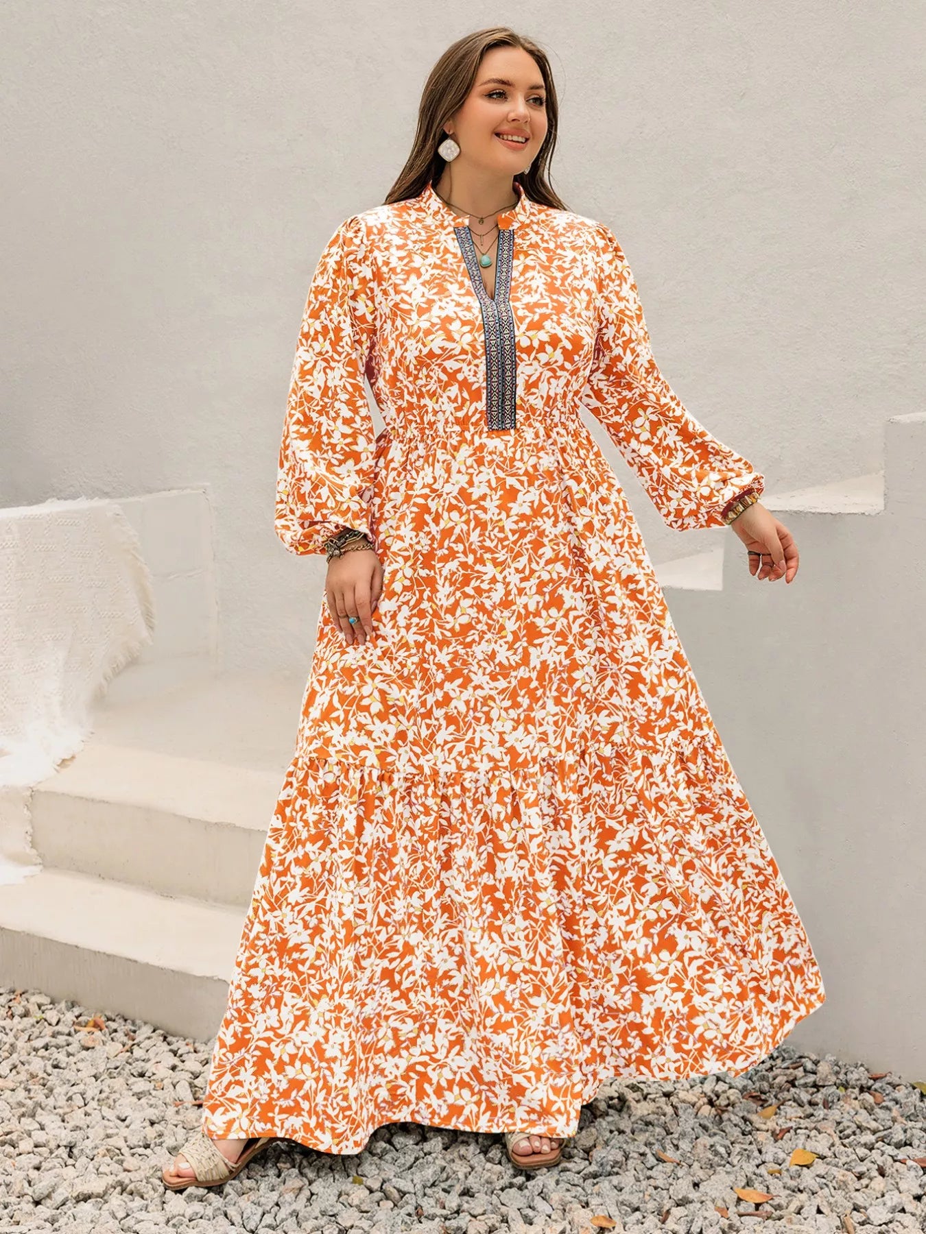 Plus Size Boho Floral Print Maxi Dress OutfitFlow