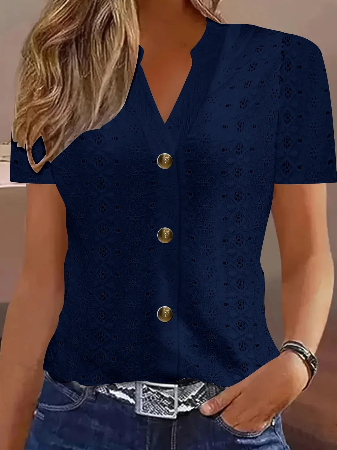 Openwork Notched Short Sleeve Top Dark Navy OutfitFlow
