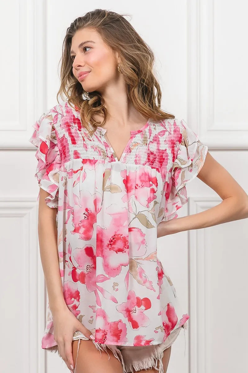 BiBi Floral Print Flutter Sheer Top OutfitFlow
