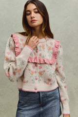 SO ME Flower With Ruffle Detailing Sweater Cardigan OutfitFlow
