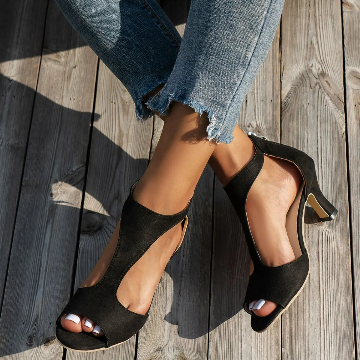 Peep Toe Block Heels Sandals Black OutfitFlow