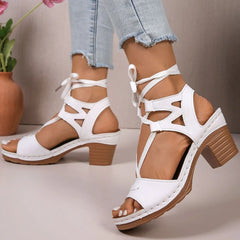 Peep Toe Block Heels Sandals White OutfitFlow