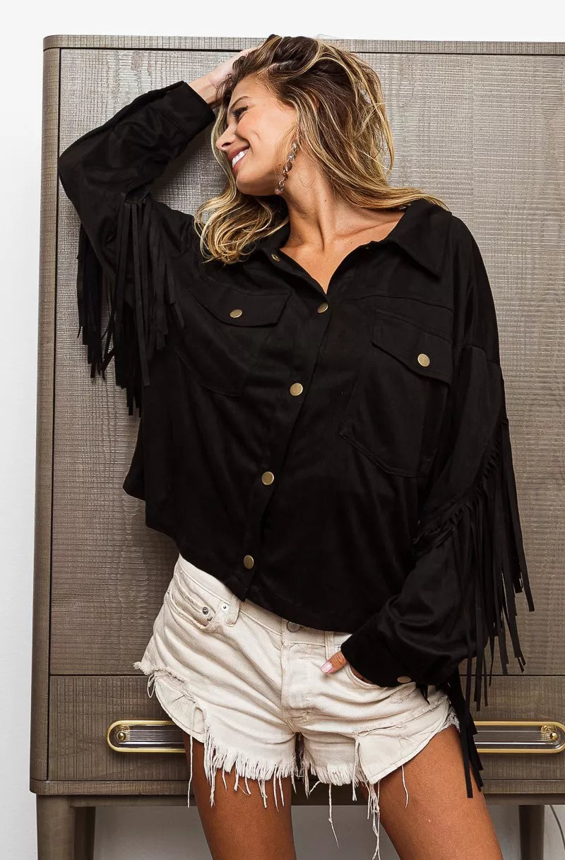 BiBi Suede Fringe Long Sleeve Jacket OutfitFlow