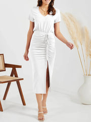 Ruched Slit V-Neck Short Sleeve Dress OutfitFlow