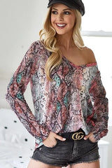 BiBi Snakeskin Print Low Gauge Hacci V Neck Top BURGUNDY PINK OutfitFlow