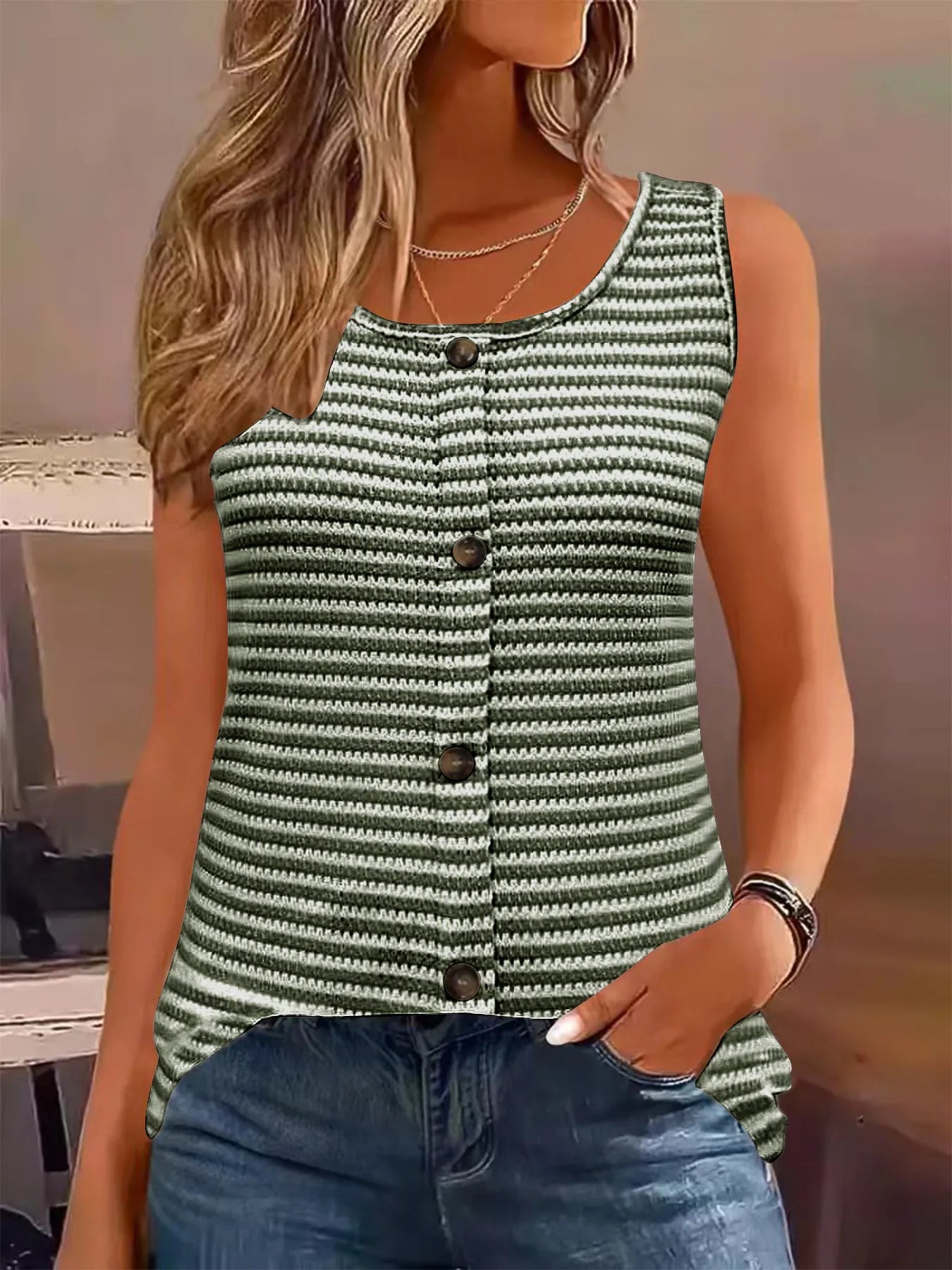 Striped Button Front Knit Tank Top Army Green OutfitFlow