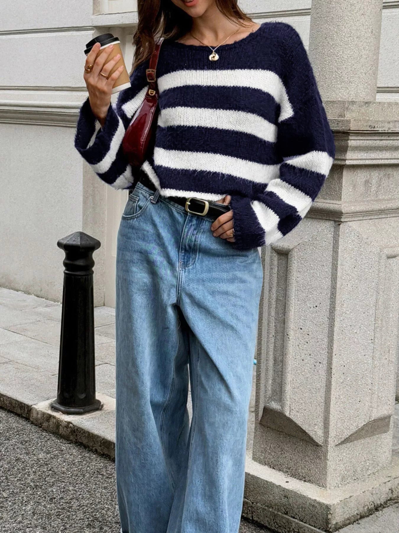Striped Knit Round Neck Sweater Trendsi