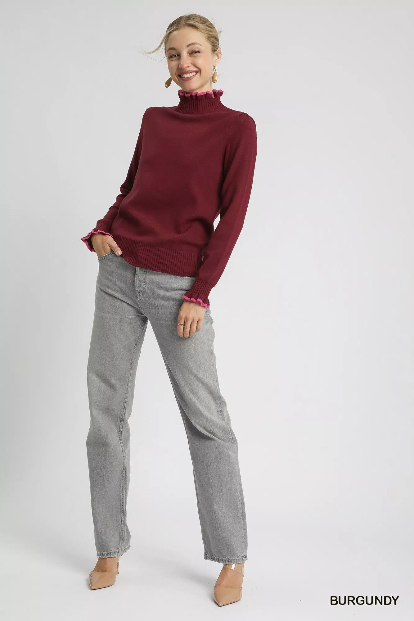 Umgee Ribbed Round Neck Sweater with Ruffle Contrast Trim OutfitFlow