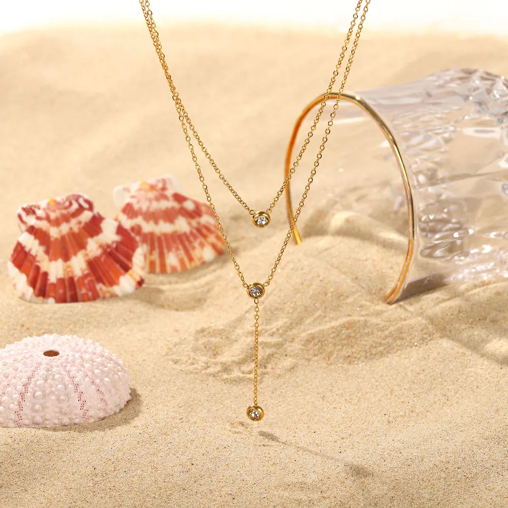 Stainless Steel Zircon Double-Layered Necklace OutfitFlow
