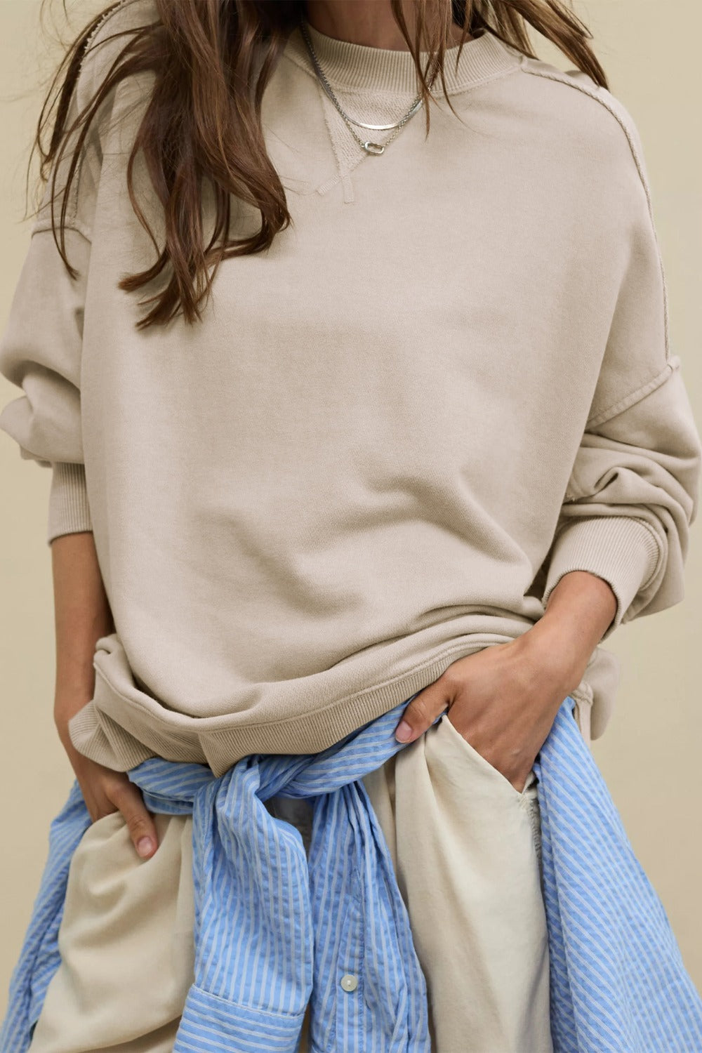 Outfit Flow - Side Slit Round Neck Long Sleeve Sweatshirt