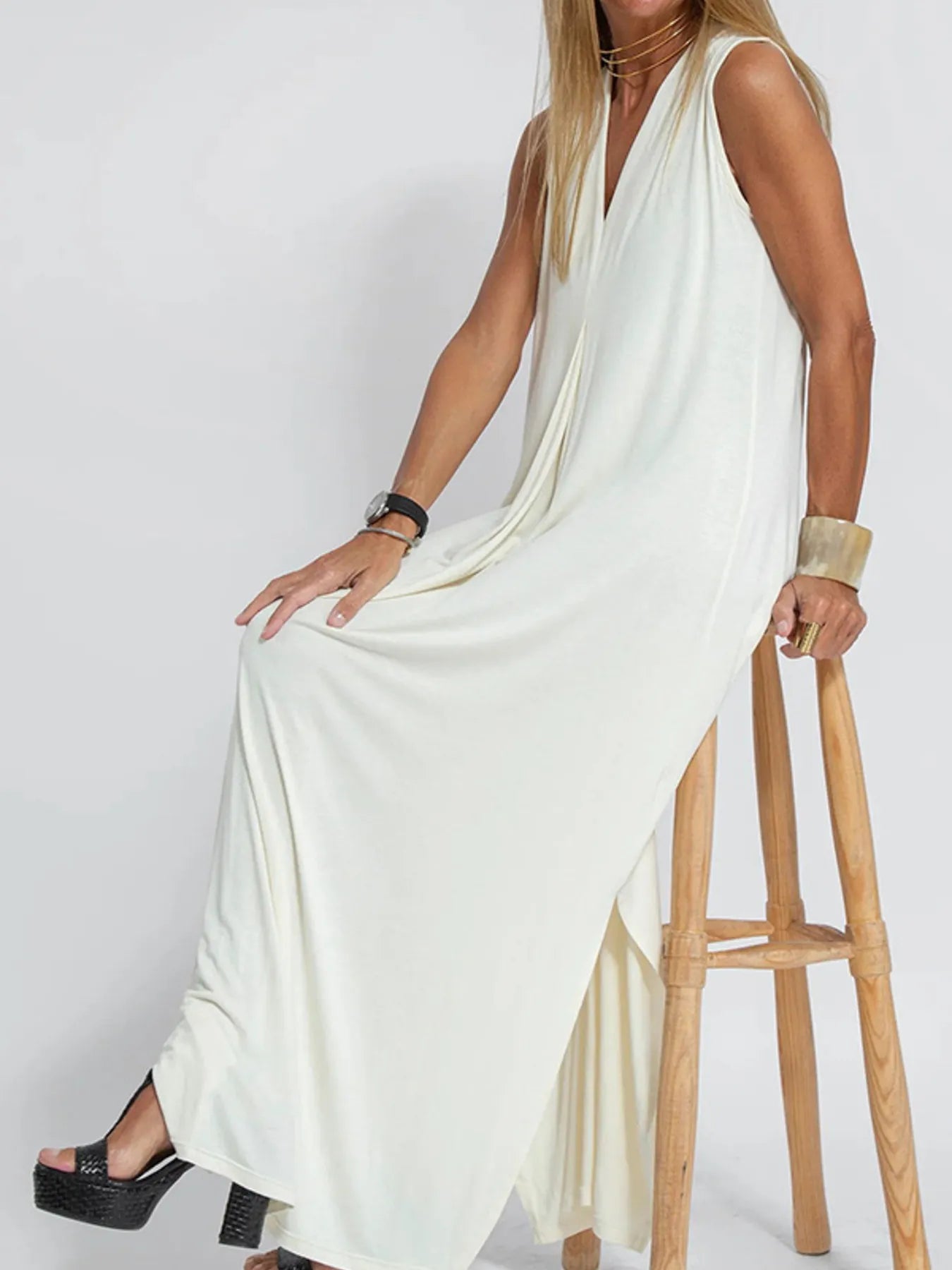 Full Size V-Neck Sleeveless Maxi Dress with Slit Plus Size White OutfitFlow