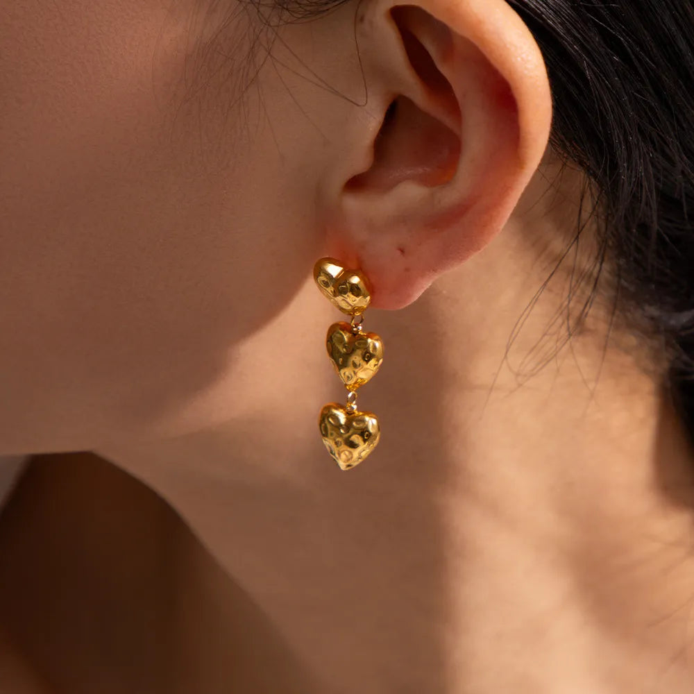 18K Gold-Plated Triple Heart Drop Earrings OutfitFlow