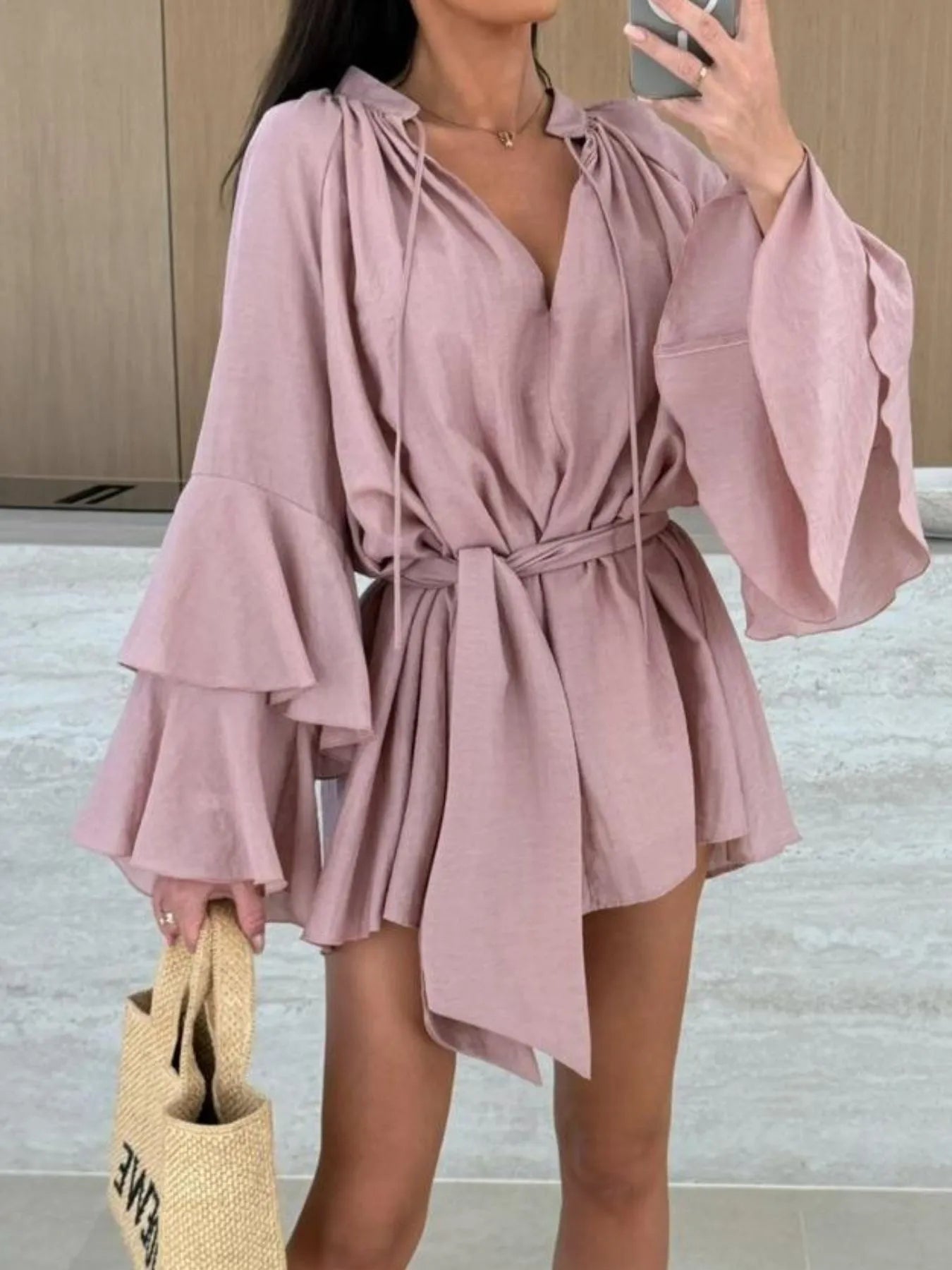Bell Sleeve Tie Waist Mini Shirt Dress OutfitFlow