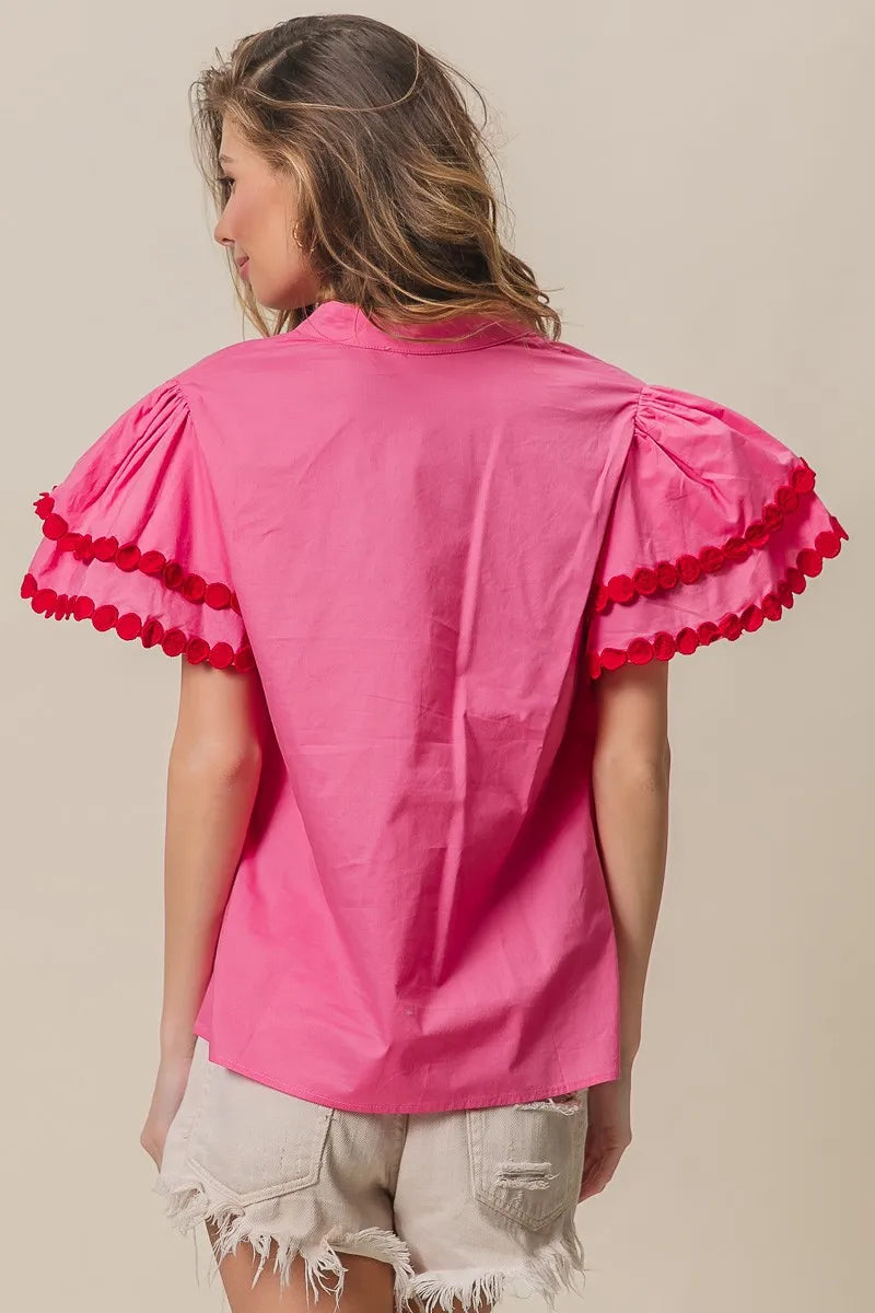 BiBi Dot Trim Flutter Sleeve Notched Top OutfitFlow