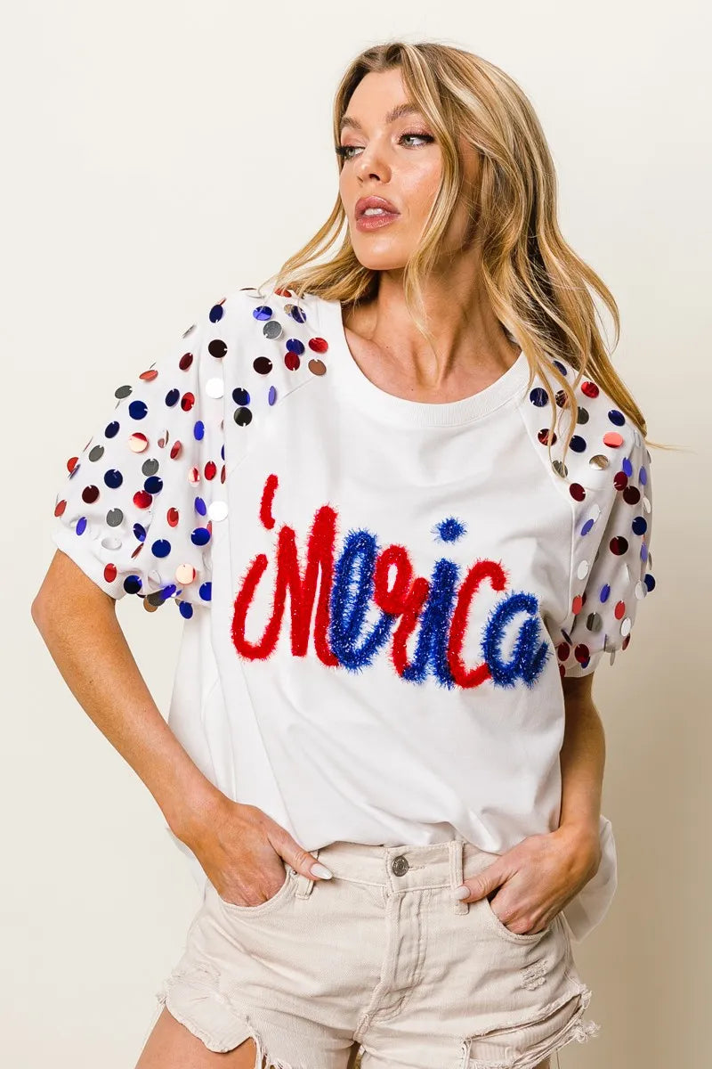 BiBi Metallic Letter Spangle Raglan Puff Sleeve Top OutfitFlow