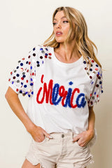 BiBi Metallic Letter Spangle Raglan Puff Sleeve Top OutfitFlow