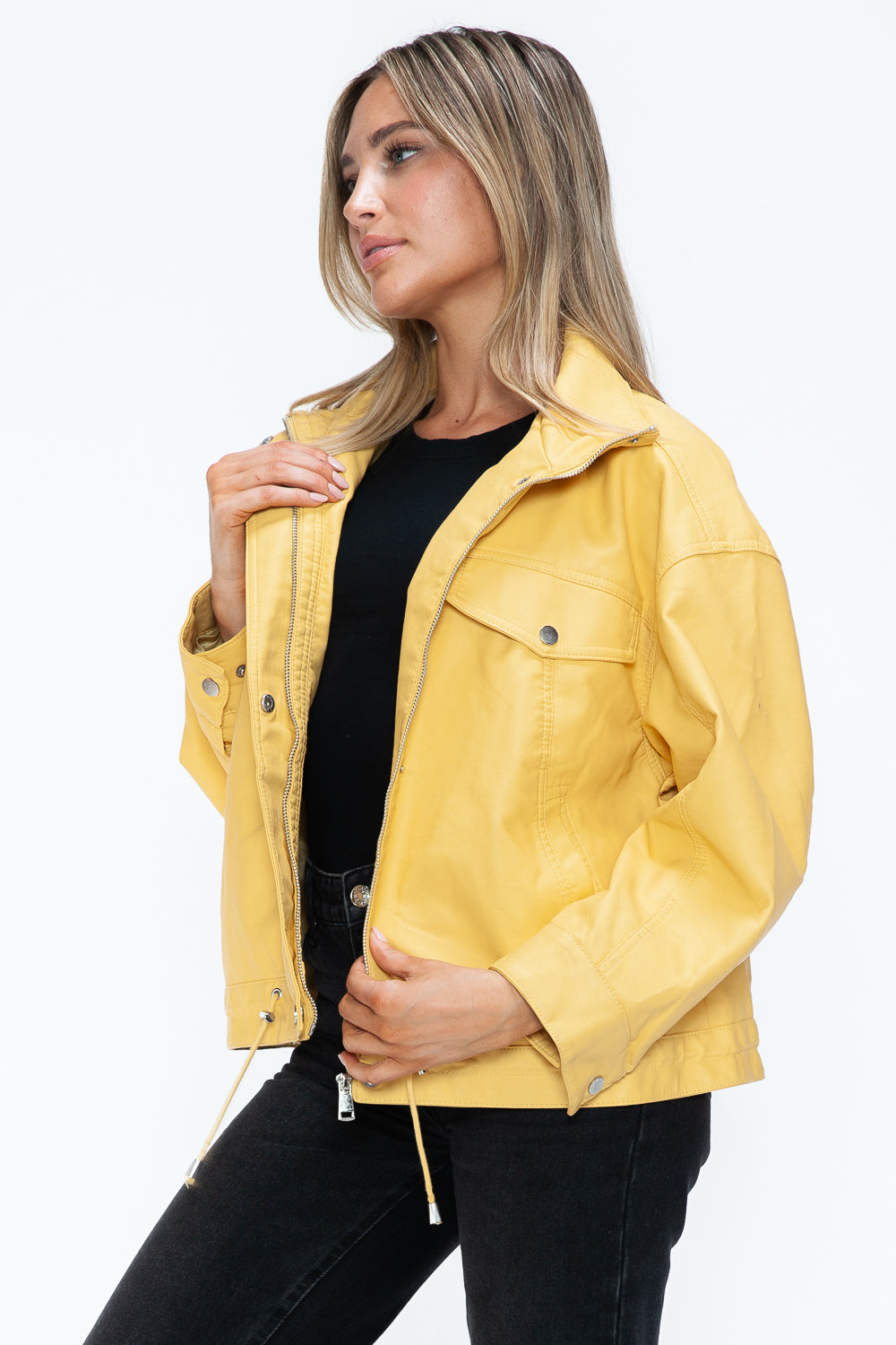 Outfit Flow - How Dare U Drawstring Hem PU Leather Zip Up Jacket