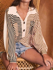 Striped Oversized Half Button Sweatshirt Camel OutfitFlow