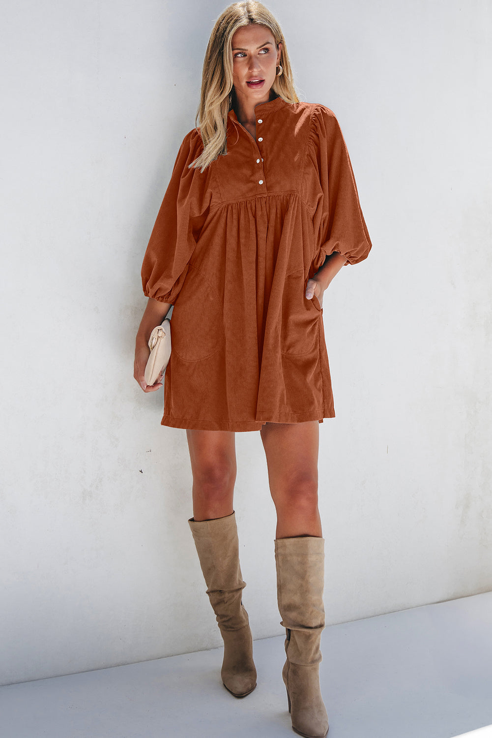 Corduroy Quarter Snap Three-Quarter Sleeve Dress OutfitFlow
