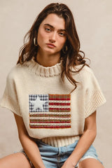 BiBi American Flag Patchwork Drop Shoulder Sweater OutfitFlow