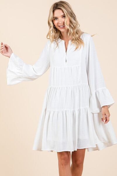Mittoshop Tiered Notched Flare Sleeve Dress OutfitFlow