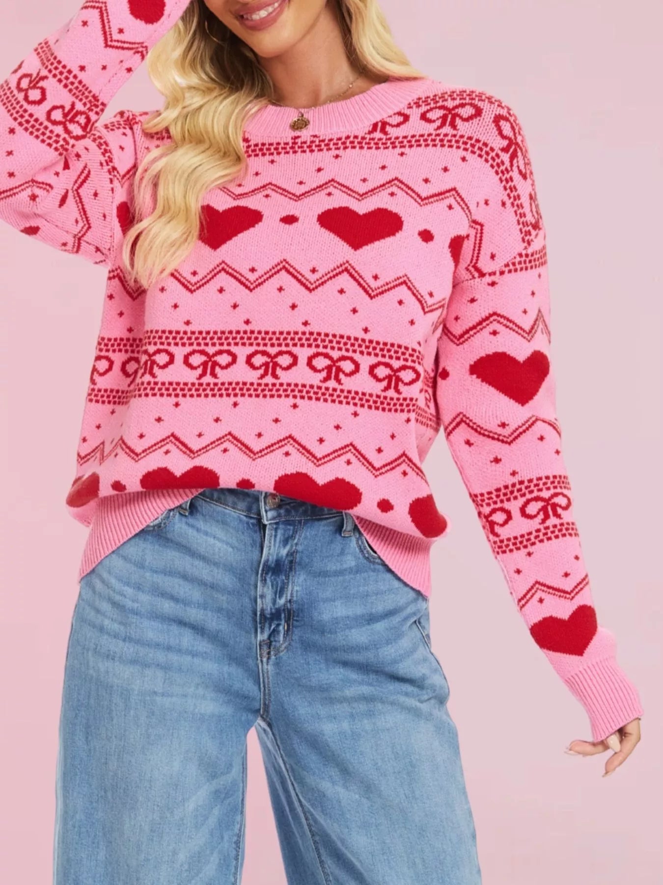 Heart & Bow Pattern Round Neck Sweater OutfitFlow