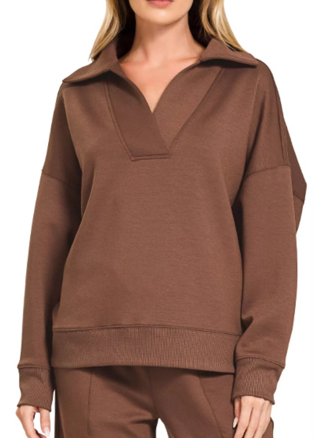 Zenana Scuba Collared Pullover and Pants Set OutfitFlow