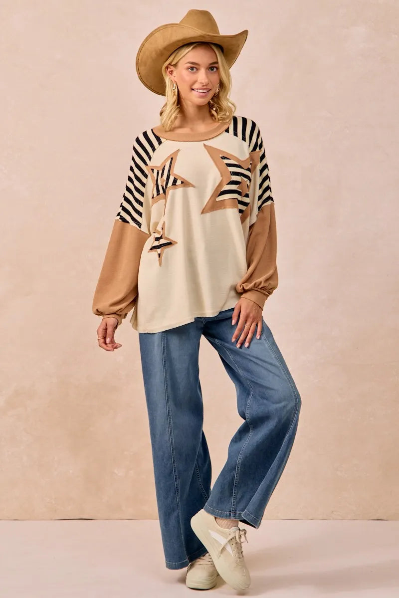 BiBi Star Patchwork Mixed Long Sleeve Top OutfitFlow