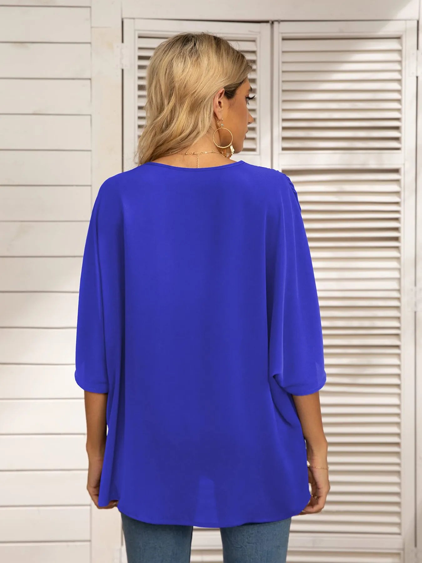 Printed Trim V-Neck Batwing Sleeve Blouse OutfitFlow