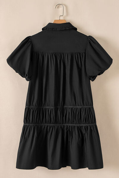 Button Down Puff Sleeve Ruffle Hem Dress OutfitFlow
