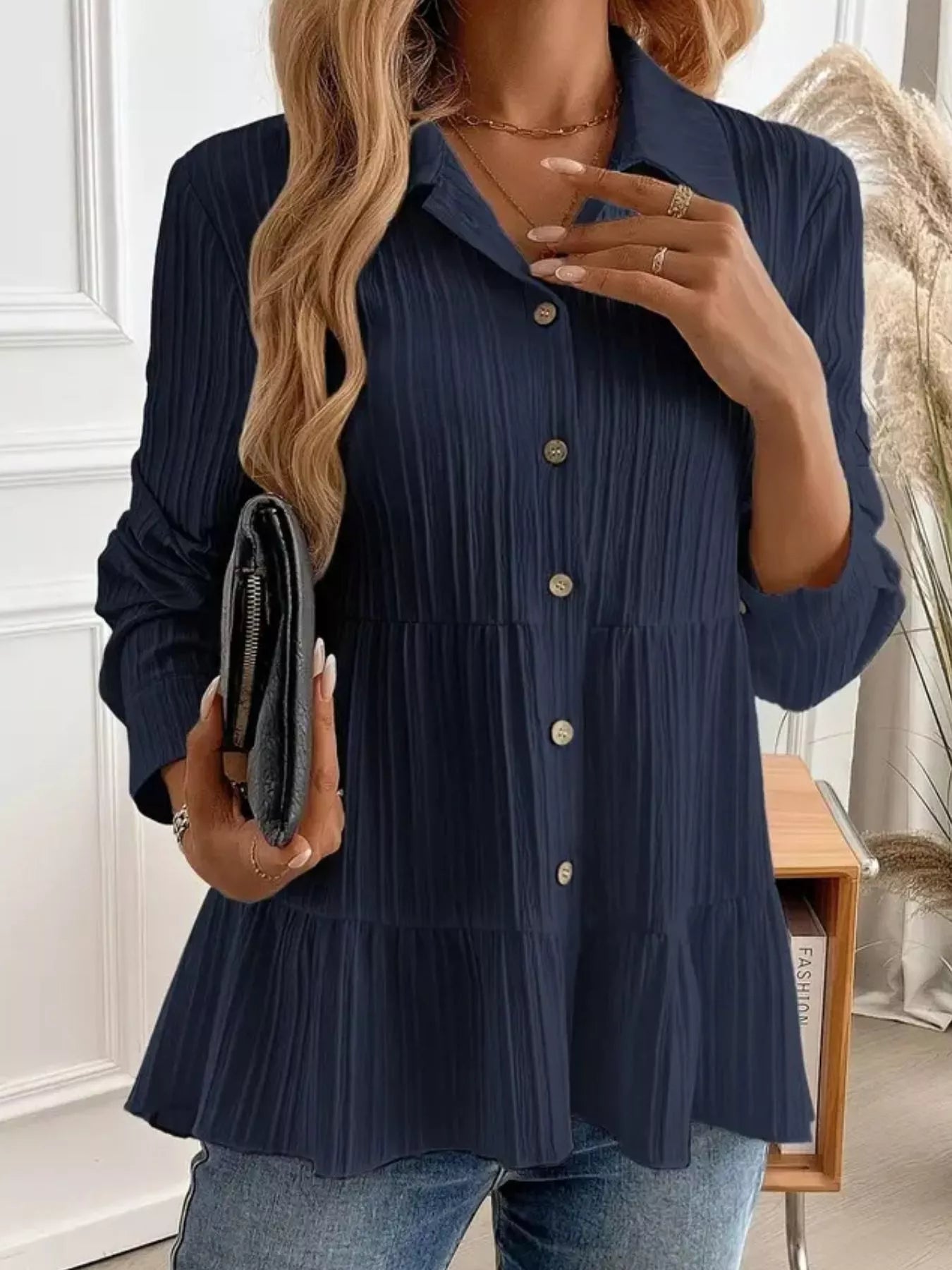 Button-Down Long Sleeve Tiered Shirt Dark Blue OutfitFlow