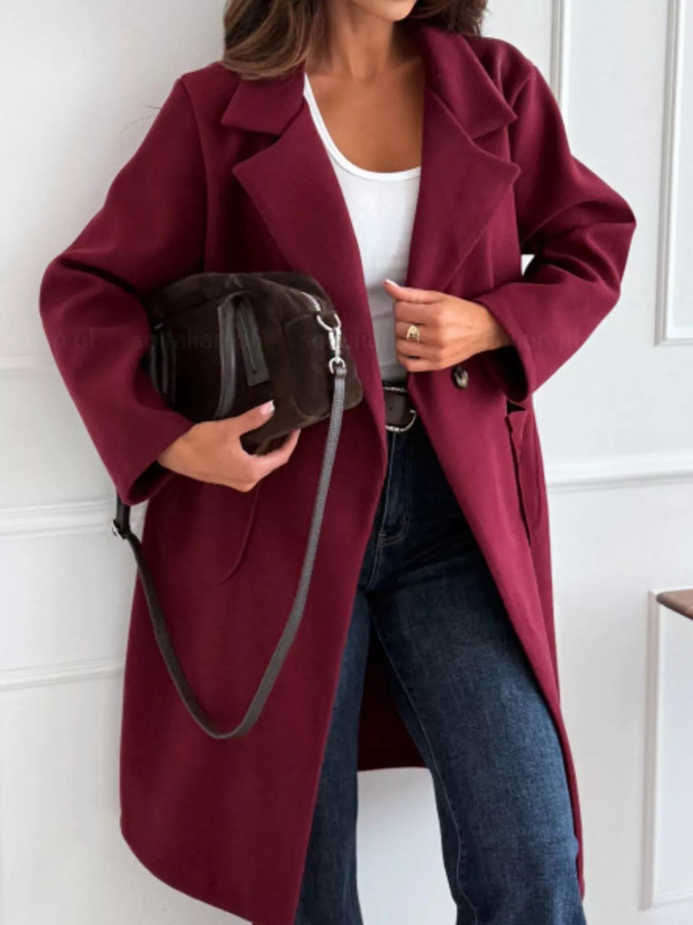 Long-Sleeve Single-Breasted Trench Coat Burgundy Trendsi