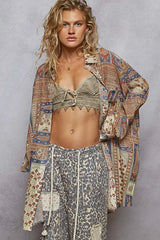 POL Printed Button Down Balloon Sleeve Shirt TAUPE MULTI OutfitFlow