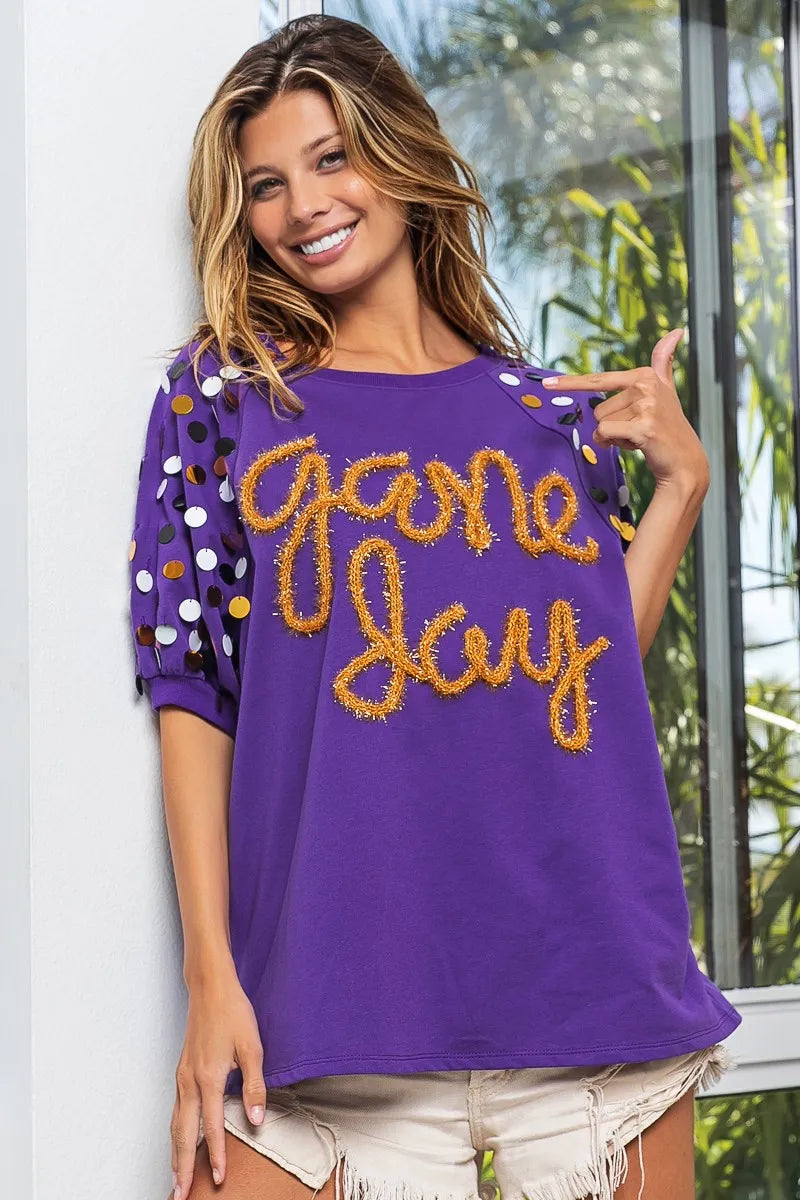 BiBi Game Day Metallic Letter Spangle Sleeve Top OutfitFlow