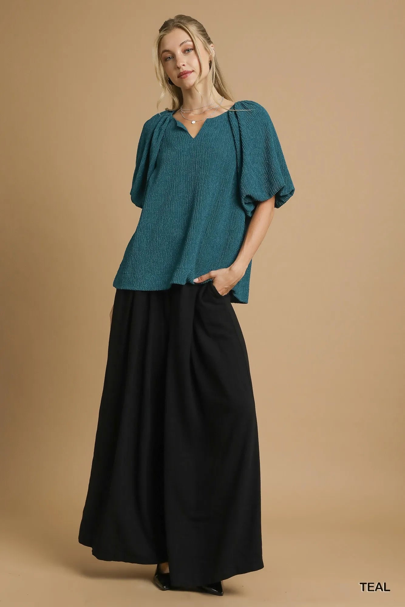 Umgee Textured Flutter Sleeve Notch Neck Top OutfitFlow