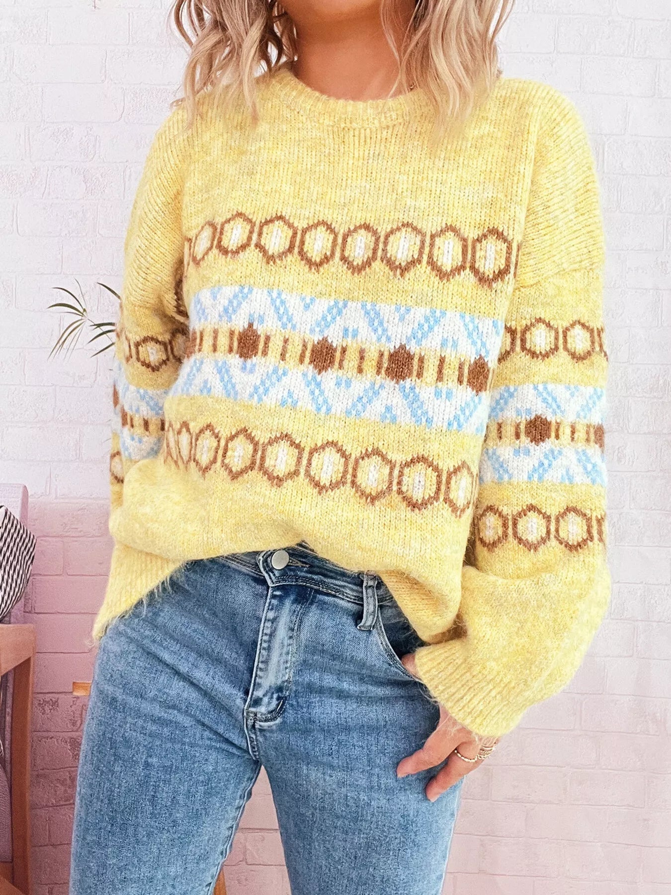 Contrast Round Neck Drop Shoulder Sweater OutfitFlow