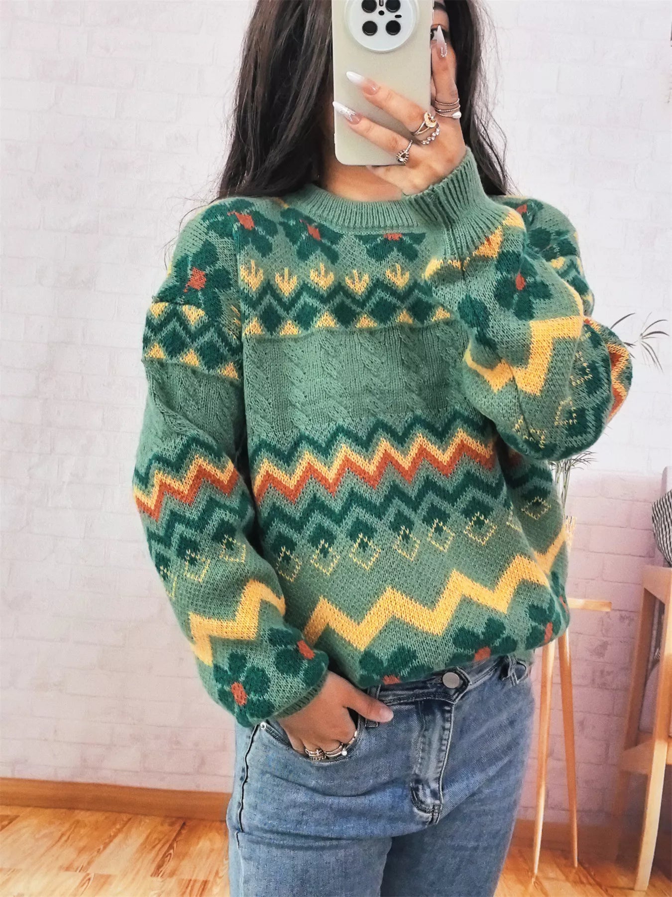 Geometric Round Neck Long Sleeve Sweater OutfitFlow