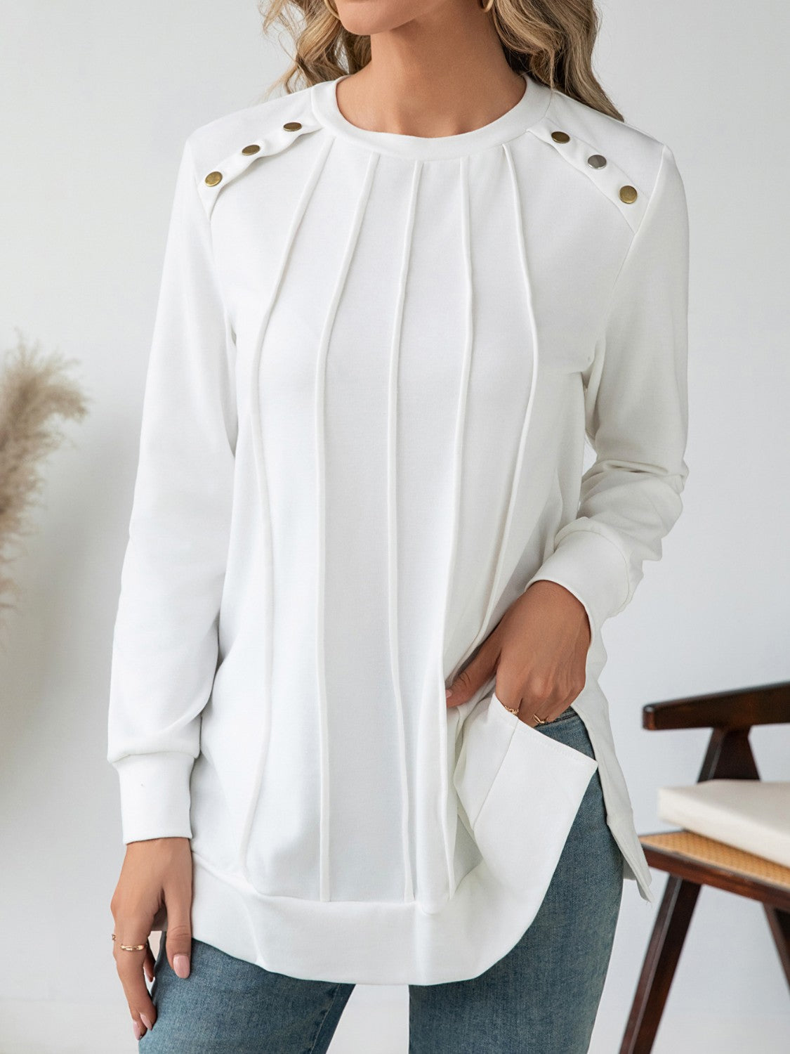 Outfit Flow - Side Slit Round Neck Long Sleeve Blouse