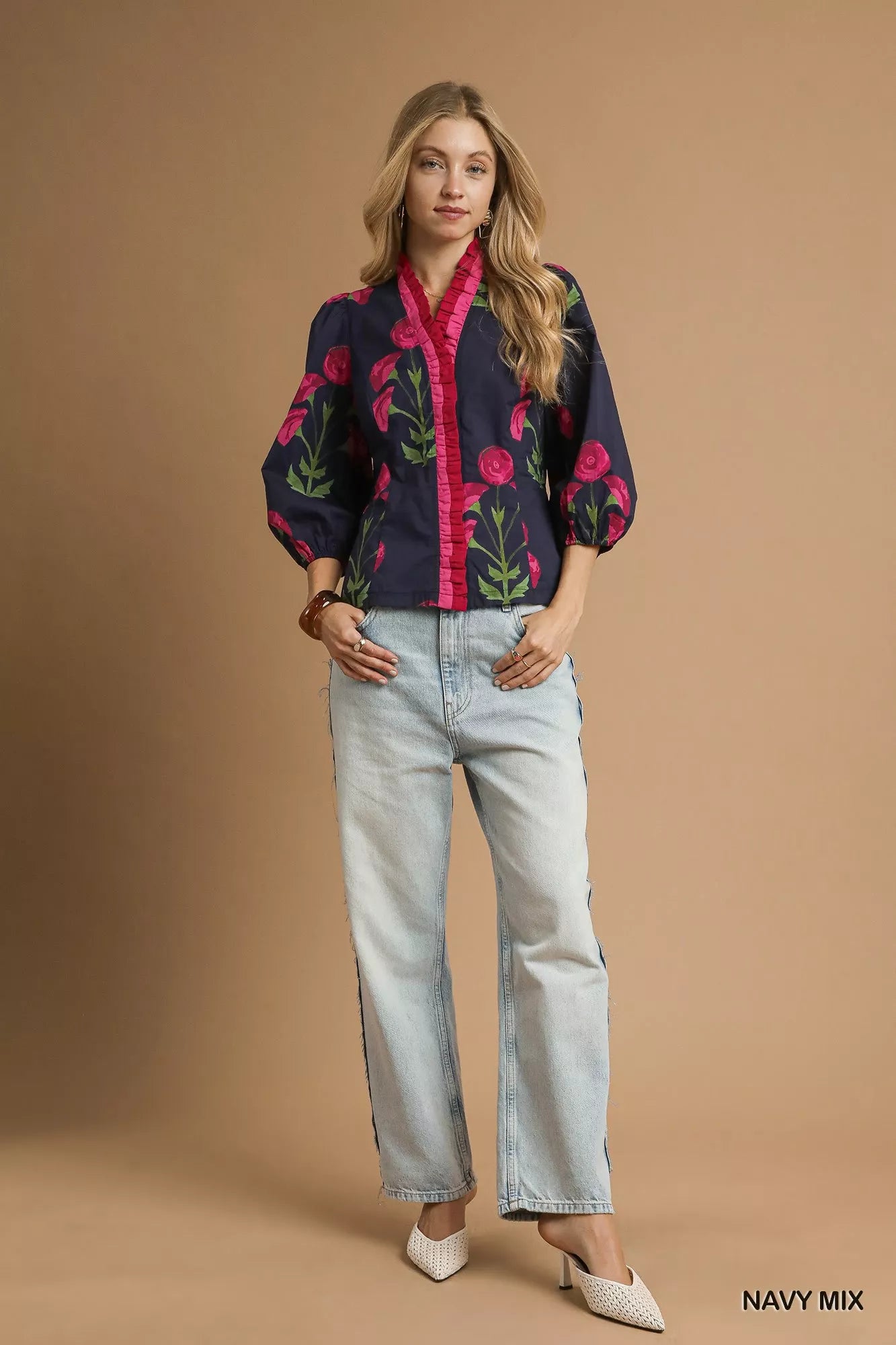 Umgee Floral Print Ruffle Trim Puff Sleeve Blouse Trendsi