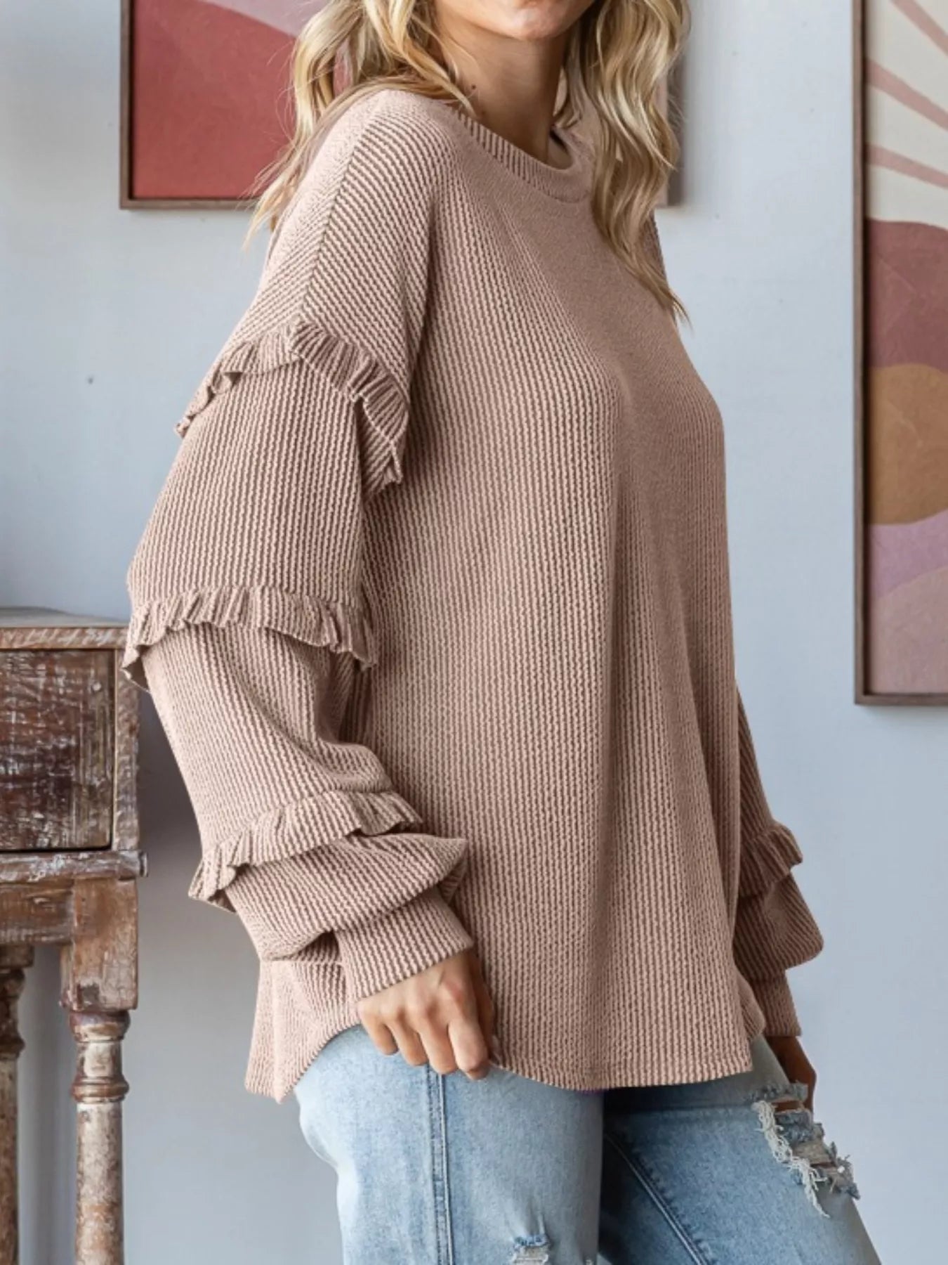 Ruffle Trim Long Sleeve Ribbed Top OutfitFlow