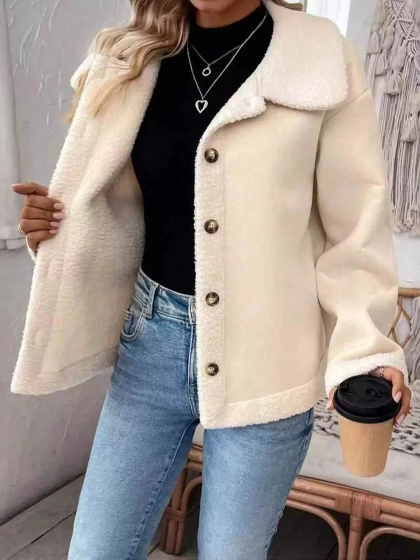 Plus Size Fleece Button-Down Outerwear OutfitFlow