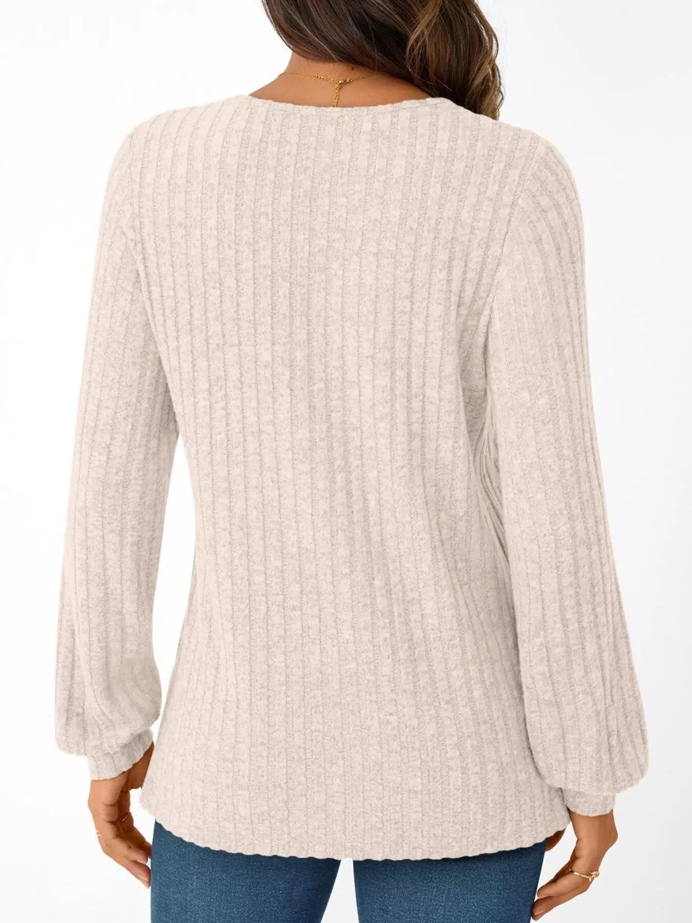 Ribbed Knit V-Neck Long Sleeve T-Shirt OutfitFlow