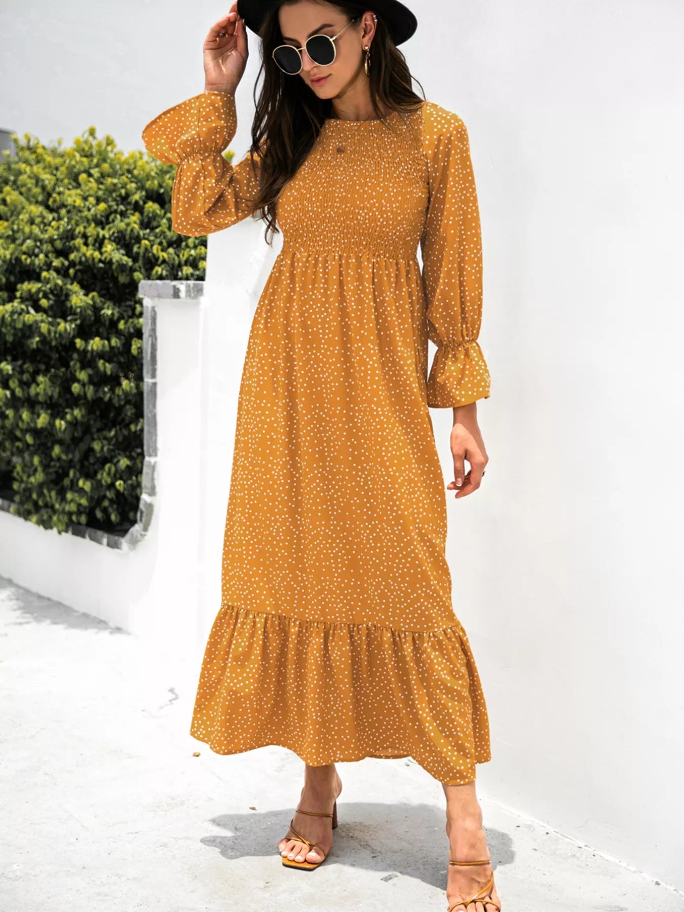 Ruffled Printed Long Sleeve Maxi Dress OutfitFlow