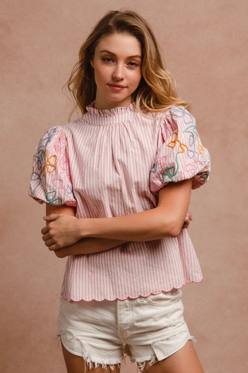BiBi Embroidery Bubble Sleeve Top With Bottom Scallop Detail OutfitFlow