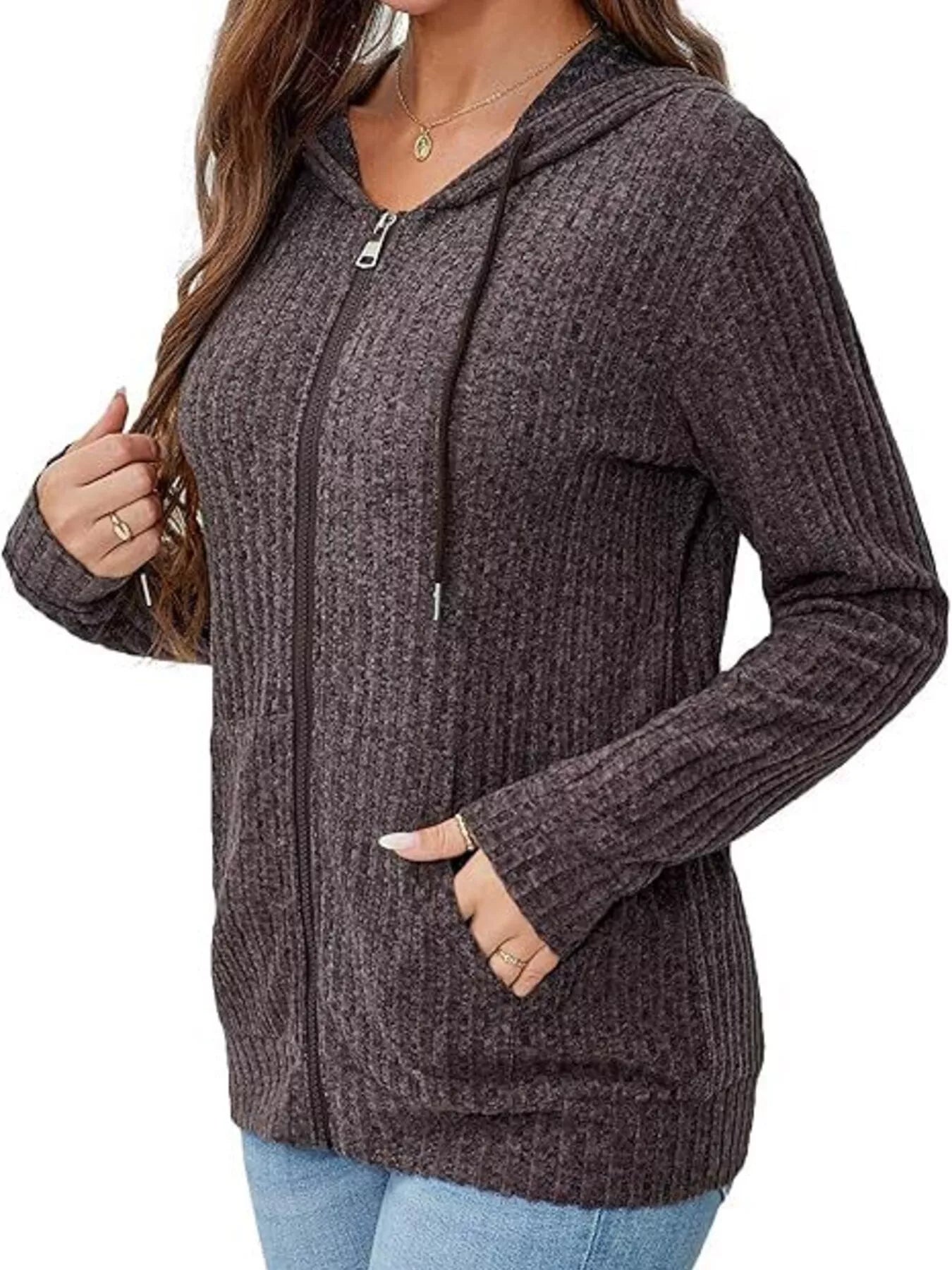 Ribbed Zip Up Hooded Outerwear Trendsi