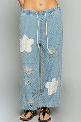 POL Floral Patch Washed Textured Twill Pants with Crochet See Thru Patch LIGHT DENIM OutfitFlow